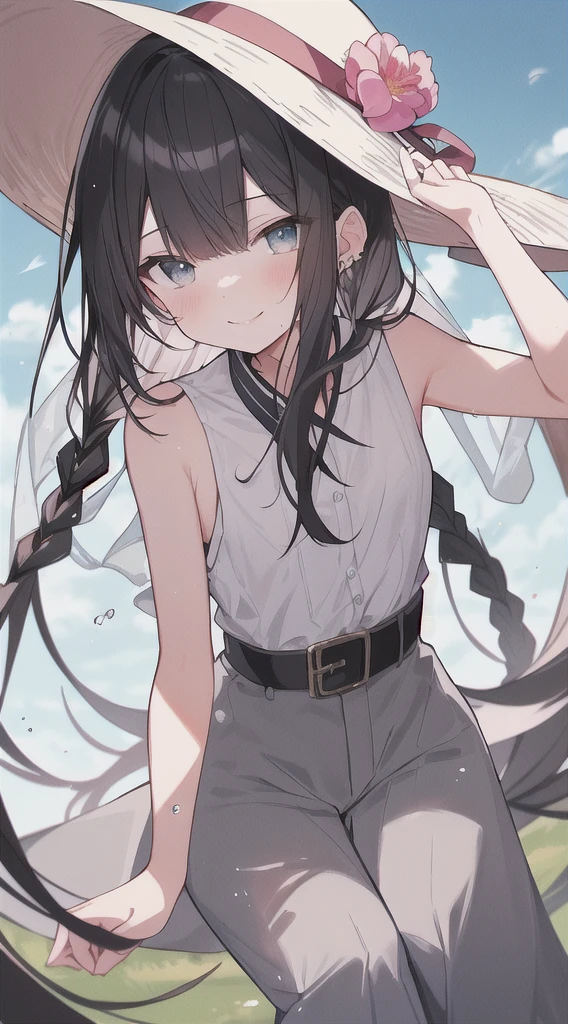 (Incredibly Absurdres Absolutely Resolution: 1.5), Top Quality, Masterpiece, Ultra High Definition, 8K, Summer Sky, Early Summer, (Hat, Wide Pants, Sleeveless), Shojo Manga Style , One, Soft Line Art, Digital Enhancement, Shojo Manga Touch, Shojo Manga Core, Flowing Fabric, Close Up, ( shoulder-length hair length and short braids)), wet hair, soft drawing, fluffy, soft, beautiful black hair, clear eyes, (((gentle smile)), ultra-detailed digital anime art, clear face depiction, ultra-detailed shoujo manga character art, clear facial features, ultra-detailed manga style, top quality colors, hand gestures, looking up at the sky, angle to see up to your feet, zentangle:1.3,mandala、entangle、beautiful and aesthetic