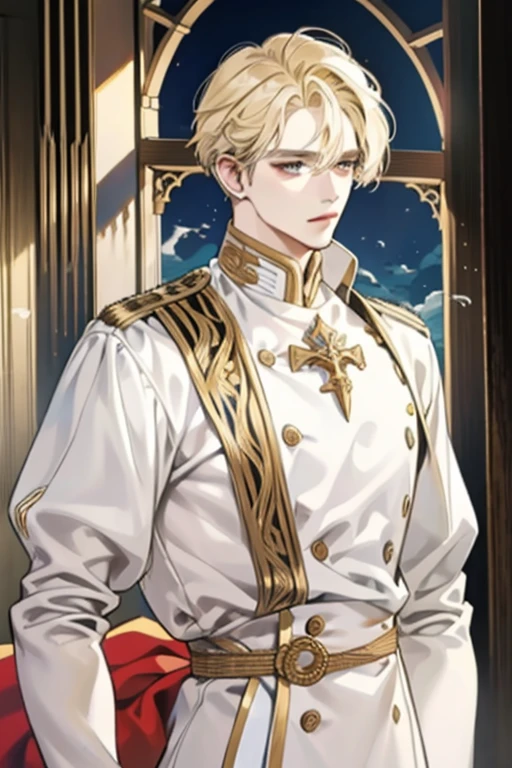 1 Male, AS-Adult, Messy blonde hair and bangs, prinz, white  clothes, Handsome, dispassionate, The beautiful, Condescending, slimification, in a castle, Medieval fantasy