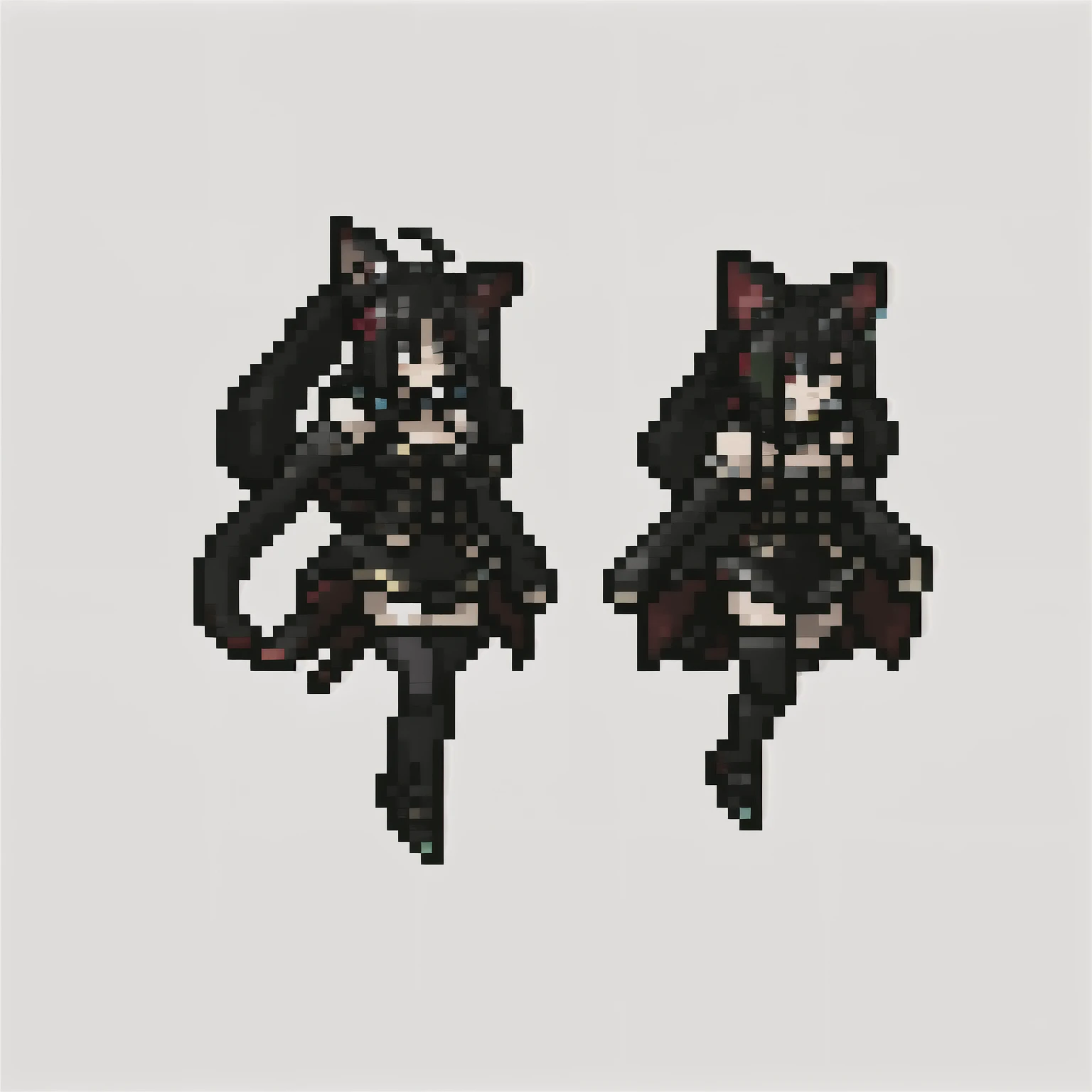 1chica, obra maestra, La mejor calidad, (vista lateral, un cuerpo completo), ,((long hair slightly wavy slightly past the shoulders, black bangs, small black pigtails on the sides, cute cat ears, beautiful thin red eyes,)), (gothic black clothing) Pixelchibi
