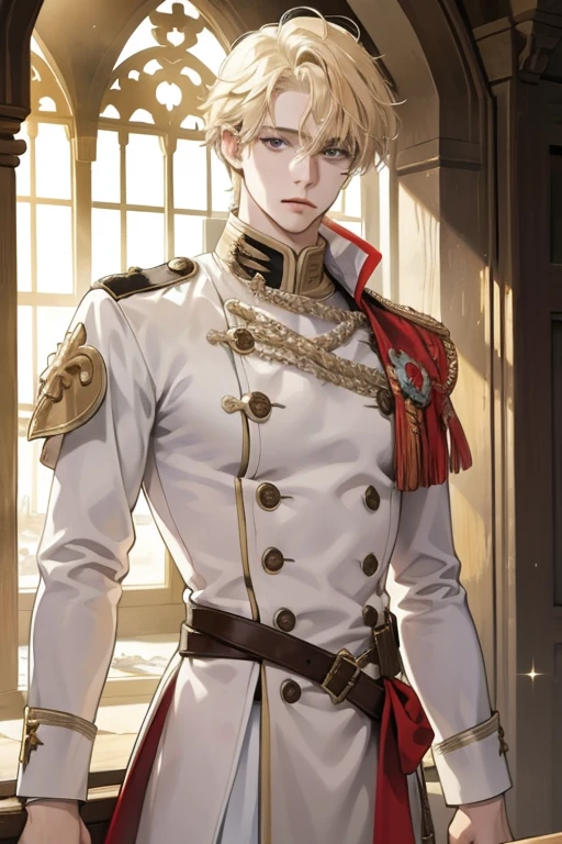 1 Male, AS-Adult, Messy blonde hair and bangs, prinz, white  clothes, Handsome, dispassionate, The beautiful, Condescending, slimification, in a castle, Medieval fantasy