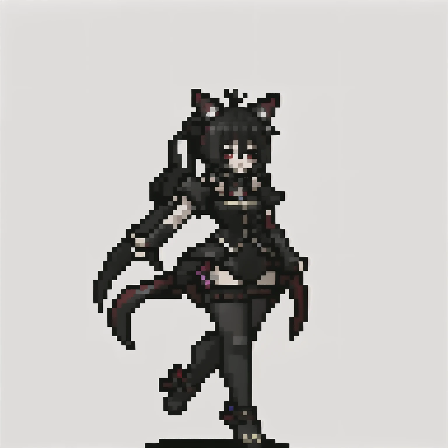 1chica, obra maestra, La mejor calidad, (vista lateral, un cuerpo completo), ,((long hair slightly wavy slightly past the shoulders, black bangs, small black pigtails on the sides, cute cat ears, beautiful thin red eyes,)), (gothic black clothing)