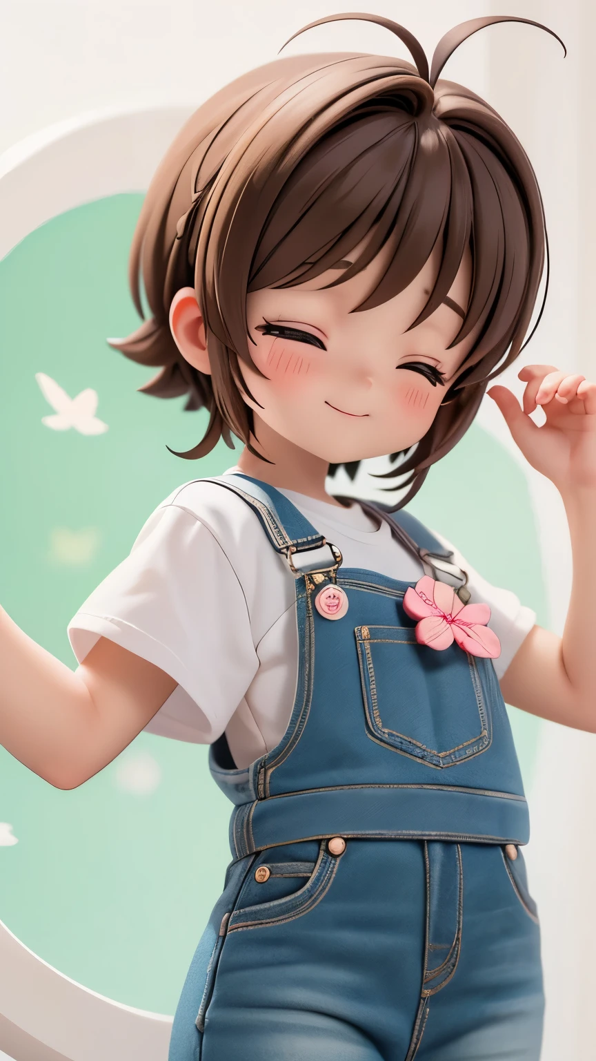 1girl，，Q version，Sakura Kinomoto，Short brown hair，Green pupils，Close your eyes happily，Not looking at the camera，Pure white short-sleeved denim overalls，Upper Body，Fantasy Background，Highest quality，Ultra HD，(Details)，(masterpiece)，(best quality),(Light Layer)