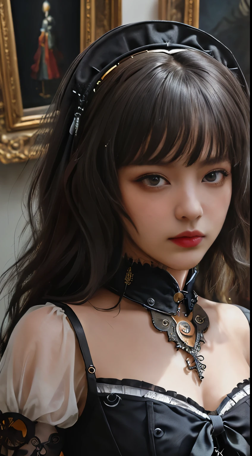 (((Masterpiece, top quality, ultra-detailed))), (((1 Infinity Mage Girl))), 14 years old, (((very detailed face))), small thin nose, small thin-lipped mouth, (((very true to life sharp focused eyes))), very large slit precision pale grey eyes, sparkling like jewels, Very long eyelashes, Very thick fringes, long black hair in black vertical curls, cinematic lighting, ((Steampunk fashion, Gothic Lolita fashion)), ((Incredible quality photorealistic oil painting)).