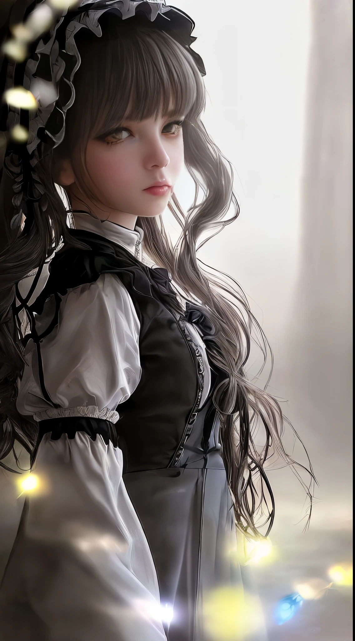 (((Masterpiece, top quality, ultra-detailed))), (((1 Infinity Mage Girl))), 14 years old, (((very detailed face))), small thin nose, small thin-lipped mouth, (((very true to life sharp focused eyes))), (((very large slit precision pale grey eyes, sparkling like jewels))), Very long eyelashes, ((Very thick fringes, long black hair in vertical curls))), ((Steampunk fashion, Gothic Lolita fashion)), ((Incredible quality photorealistic)), (((Very dramatic and dark lighting))),