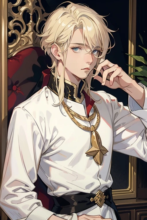 1 Male, AS-Adult, Messy blonde hair and bangs, prinz, white clothes, Handsome, dispassionate, The beautiful, Condescending, slimification, in a castle, Medieval fantasy