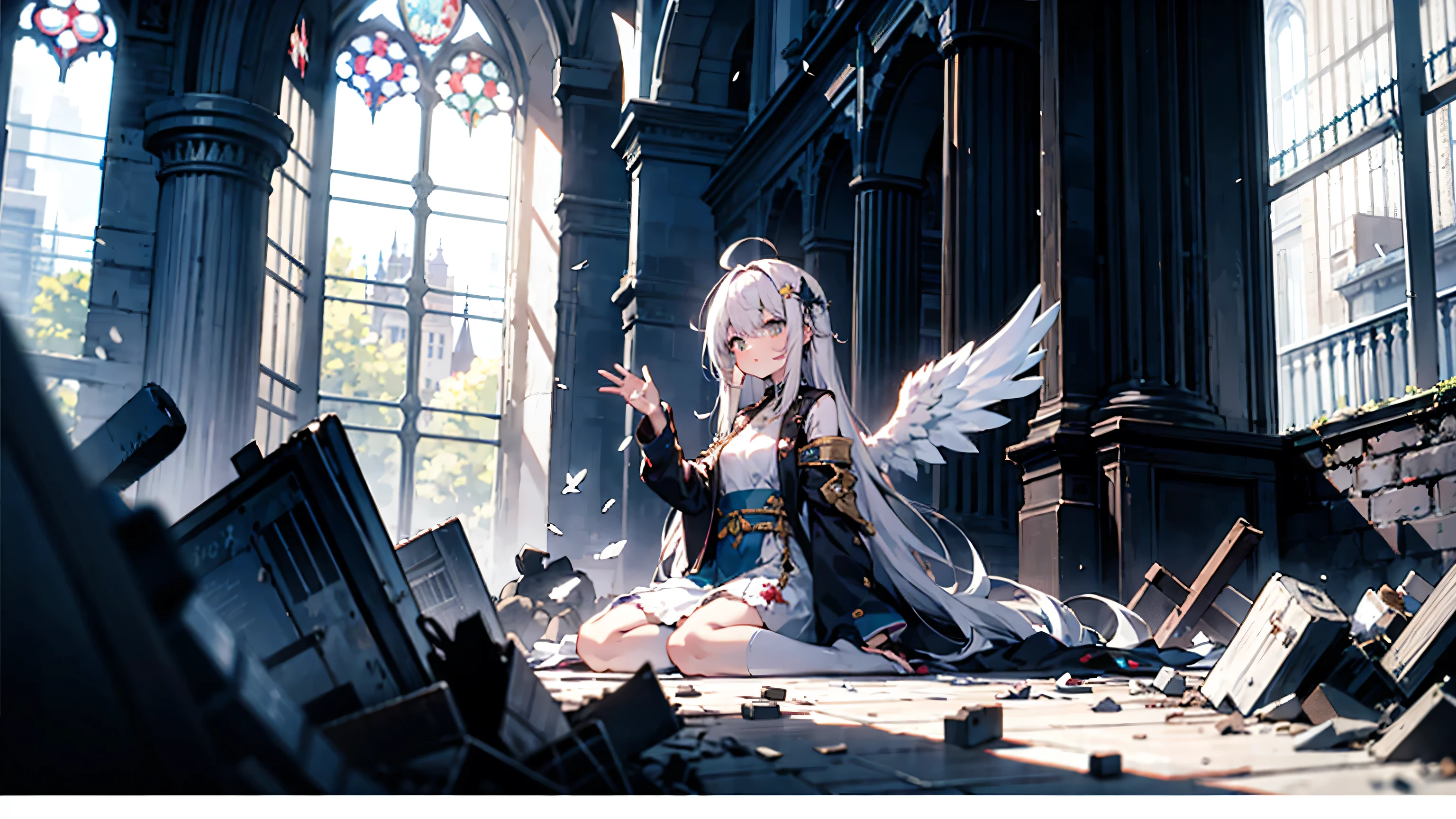 highest quality, masterpiece, Very detailed, shape, (beautiful Beautiful eyes), beautiful, wonderful, Beautiful eyes, (Fine skin), (Oily skin), 1 girl,alone,Angel Girl, ruined church, rubble, Scattered Glass,Gray Hair, Long Hair, Fluttering Hair, Hello, Ahoge, A splendid monk&#39;Clothes, Big Wings, White Wings, sit, wariza, Place your hands between your legs,look up , particle , whole body, Cowboy Shot,moonlight, Natural light,{{{{masterpiece}}}}, {{{Very detailed}}}, {{{High resolution}}}, {{{8k}}}, {{Perfect body}}, {{beautiful Beautiful eyes}}, {{colorful}}, {{Bright colors}}Gray Hair、Fox