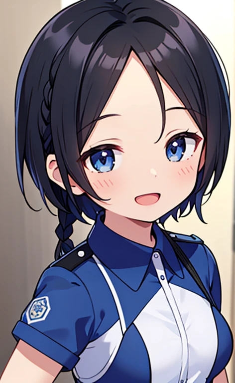 (masterpiece:1.4、top-quality、illustration:1.4,realistic、)、(character focus、breast focus,upper body:1.3)、(1girl),(Open mouth happy smile:1.3),(half closed eyes),cute face,blue eyes、()、
,(stand:1.4),(Shining smile),
,(slender),(policewoman:1.3),(black short hair hair:1.6,forehead:1.3),(braid:1.3), (small breasts:1.3)、
、slender、