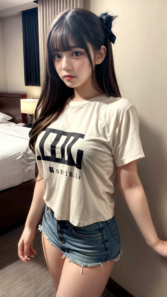 muste piece, best quality, illustration, Super detailed, fine details, High resolution, 8K,wall paper, perfect dynamic composition,(Details High quality, realistic depiction of eyes:1.3), wavy blonde hair, punk tshirt, a miniskirt, punk girl, large breasts, Big Natural Color Lip, bold sexy pose, crying a little、cold gaze, Harajuku style、20 year old girl、cute type、lolita、beautiful legs, hotel room, hposing Gravure Idol, standing
