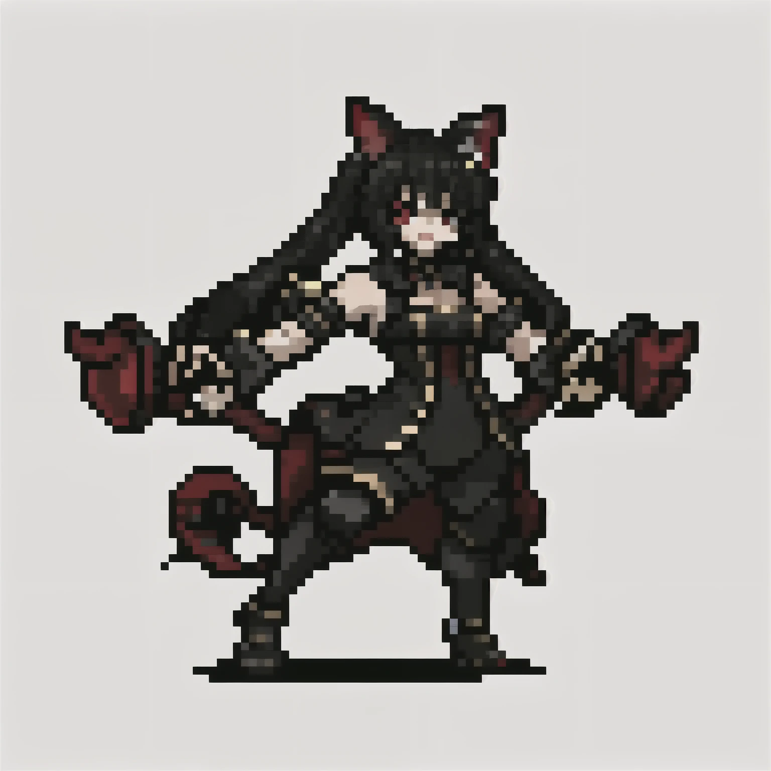  obra maestra, La mejor calidad, (vista lateral, un cuerpo completo), ,((long hair slightly wavy slightly past the shoulders, black bangs, small black pigtails on the sides, cute cat ears, beautiful thin red eyes,)),