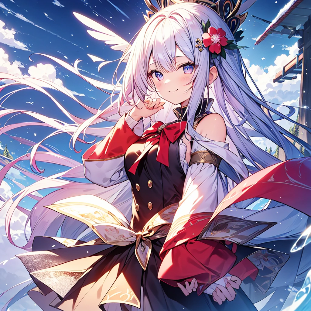 masutepiece, Best Quality,Illustration, Wallpaper, ultra -detail, Absurd beauty, 1beautiful girl、Bright hair color、Glitter and big eyes、Hair fluttering in the wind、ample breasts、♡、Smaller head、Winter scene、miscievous smile、bustup