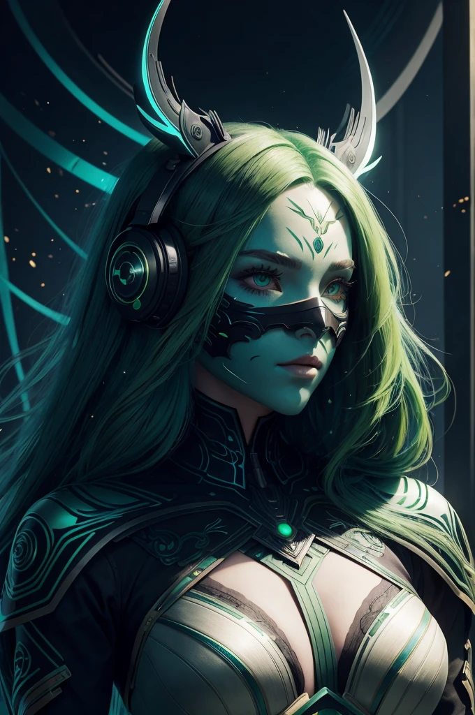 girl with long green hair, green eyes, futuristic vibes, mask on mouth, headphones, 8k, high quality, simple background, glowing eyes, nice pose