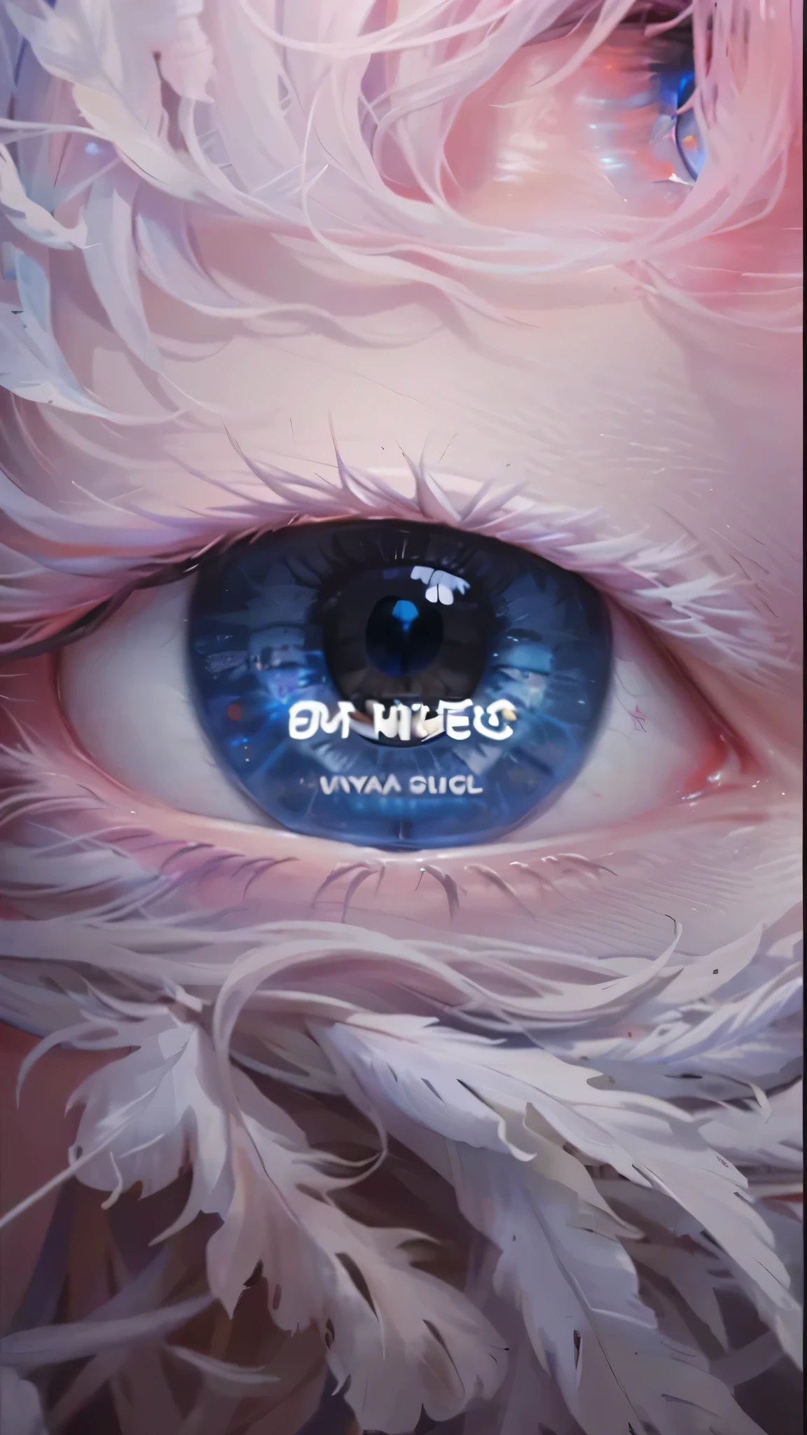 a close-up of a poster with a blue eye and a white feather, por Emma Rios, por Evaline Ness, globos oculares, Edm, 2 olhos, nervosismo, no olhos, Fantasy vibes, by João Artur da Silva, by Antônio Parreiras, olhos, open olhos, by Raúl Martínez