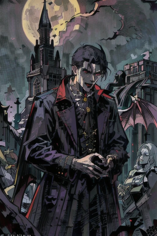 This is what a real Vampire looks like! Antique vampire clothes, elegant, gentlemanly. He is smiling friendly, his red hair is vivid, his red eyes shine against his perfect skin. In the background a purple church window, with moonlight reflecting behind. All this is in a beautiful and dark light, which makes it look amazing。 (High quality: 1.2, Church at night: 1.5, Antique Vampire Clothing: 1.4) (((At night))) (Provocative light, mysterious darkness) (((Violet Moon))) Defined Face) Perfect Hands)