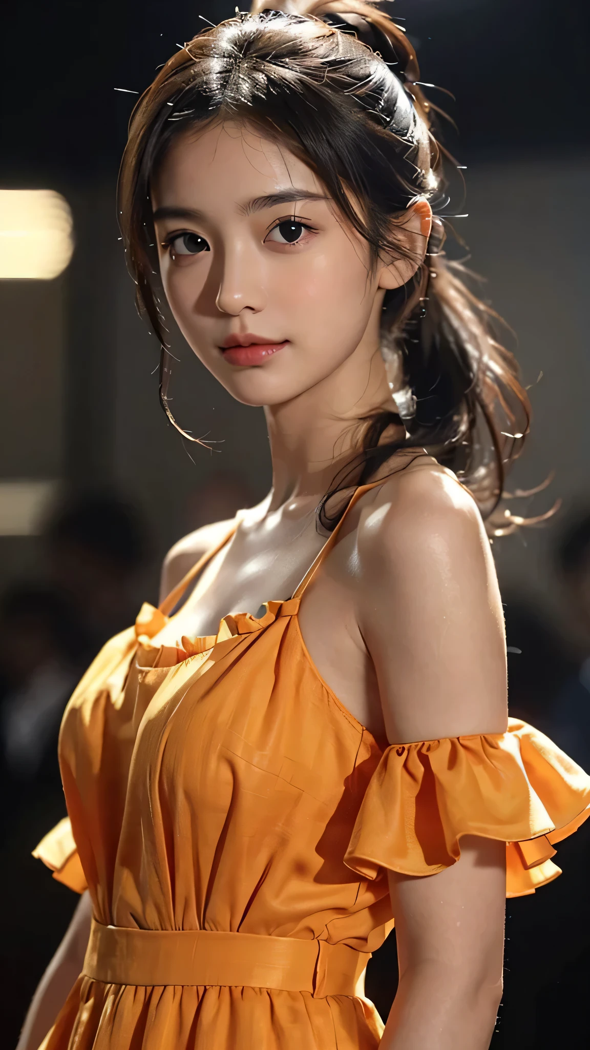 Spotlight on stage,close-up of face,One woman,fully body photo,masutepiece, The highest image quality, High quality, the background is clear,Beautiful woman, Japanese, Detailed, Detailed eyes, Detailed skin, Beautiful skin, 超hight resolution, (reality: 1.4),Very beautiful woman, Slightly younger face, Beautiful skin, slender, (Ultra photo realsisim), (hight resolution), (8K), (Very detailed) (beautifully detailed eyes), (super detailed), (Detailed face), view the viewer, Fine details, Detailed face, Staring straight ahead, Staring straight ahead, photos realistic, Bright lighting, Professional Lighting, Black hair,poneyTail,a baby face,sixteen years old,Hairstyle: ponytail,Long ponytail hairstyle,slight smile,Orange colored long dress with lots of ruffles, softly shaped skirt,