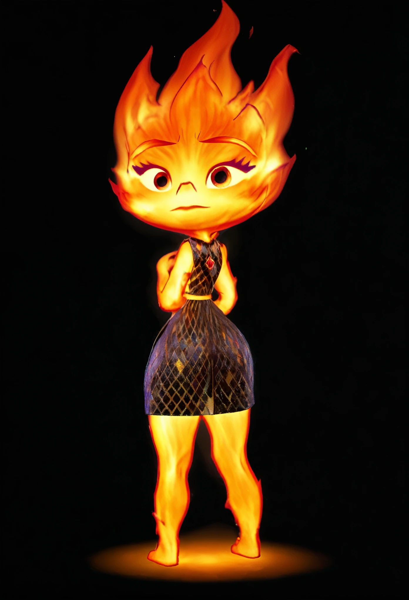 ember concept art, chibi ember, ember, ember standing, view from behind, view from back, three quarters from back, black background