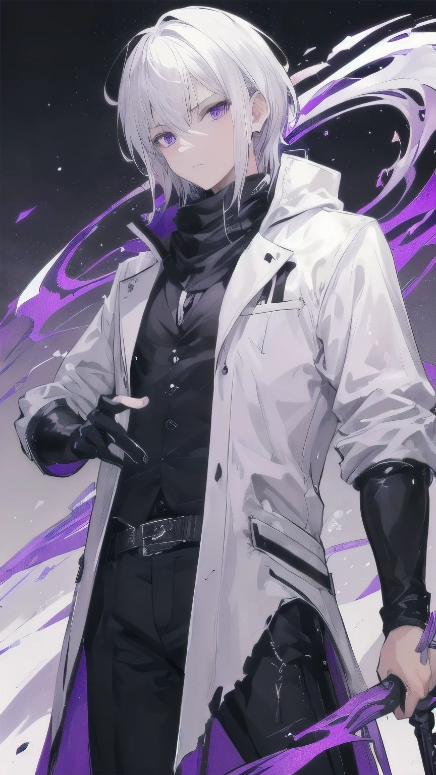Man with silver hair, look handsome, white adventure cloth torn, black scarf, purple eyes, standing alone in a dark, purple aura, holding a 2 sword in hands, badass.