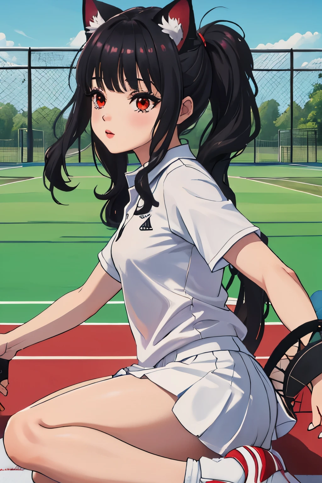 1 chica, solo, ((((camisa polo blanca, Zapatillas blancas, ropa de tenis, minifalda blanca)))), obra maestra, La mejor calidad en el mejor de los casos., siendo realista, ultra-detallado, ((pieles brillantes, transpirado:1.4)), absurdo, mirando al espectador, ,((long hair slightly wavy slightly past the shoulders, black bangs, small black pigtails on the sides, cute cat ears, beautiful thin red eyes,)),,esbeltez,dynamic lights and shadows,A high resolution,Sharp focus,profundidad de campos,pupilas agudas, alumno realista,((((Pecho grande),(Muslo grueso:1.0)))),((exteriores,Skysky cancha de tennis))