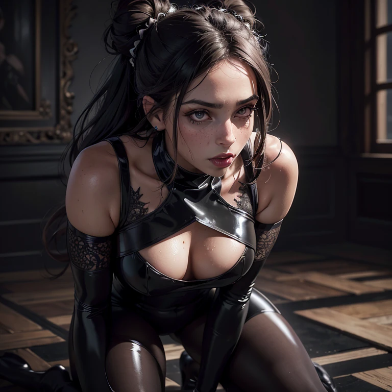 (best quality, 4k, 8k, highres, masterpiece:1.2), ultra-detailed, (realistic,photorealistic,photo-realistic:1.37), gorgeous light skin black woman, vampire, seductive gaze, gothic background, sensual beauty, gothic fashion, ripped black gothic miniskirt, torn clothes, (((patterned pantyhose))), (((small breasts))),dark colors, moody lighting, full body pose, (((crawling on knees))), (((full hips))),unity 4k,PECHOS CAIDOS GRANDES,((big bun hair, grande y grande)),delineado de ojos negro fuerte,((latex dress)))（latex bra）,(escote:1.2), hermosos ojos detallados, Luz en la cara, ((Toma de cuerpo completo)), Luz particularmente fuerte, grueso ponytail, piernas grandes y largas y bien formadas, mirando al espectador, pelo rubio, ojos grises, joyas, cuerpo completo, cuello, fuera del hombro, sweater, labios, realista, nariz, Flirt with the camera, de cerca, realismo, ojos detallados, pecas, (((ojos grises)))wet ,I&#39;M 15 years,todo el cuerpo,wearing tacones altos,de pie,usando un traje de conejito,,sonrisa coqueta,latex dress,(correct anatomy:1.3),(cuerpo completo:1.5),grueso, muslos regordetes,,una minifalda,(Mirando al espectador:1.4),, 8K, foto cruda, ((cuerpo completo photo)), (piel muy detallada: 1.2), (Expuesto: 1.5),sujetador de encaje sexy,(((liguero blanco))),(((bra white lace sexy))),