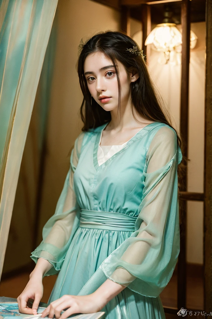 ( masterpiece, top quality, best quality,8k, girl,ultra detailed,raw photo:1.5),(photorealistic:1.4), (cinematic lighting), PerfectNwsjMajic, , Surrealism, UHD, ccurate, Super detail, textured skin, High detail, Best quality, dynamic angle, White skin,[Beautiful blue eyes], high nose,[flat chest:large breasts:0.5],(1girl),((good anatomy:0.5)), Dreamy atmosphere,expressive brush strokes, mystical ambiance, Artistic interpretation, Stunning Studio Ghibli style costumes, a whimsical illustration, Subtle colors and tones, mystical aura,