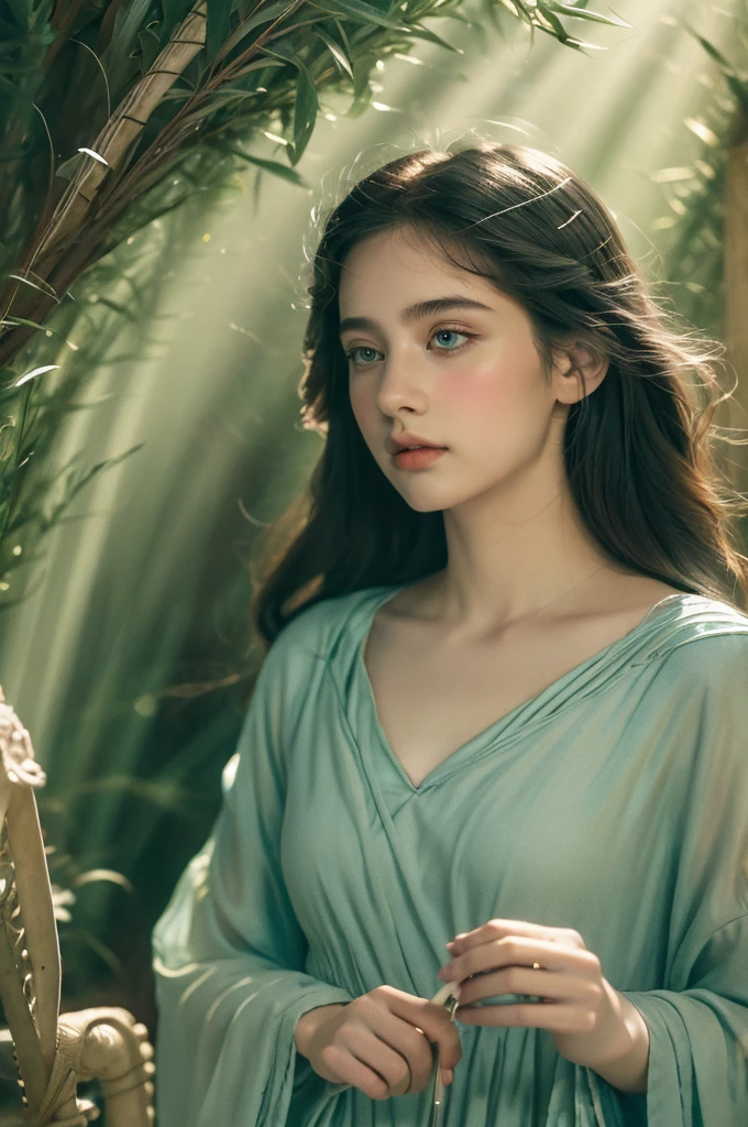 ( masterpiece, top quality, best quality,8k,17 years old girl,ultra detailed,raw photo:1.5),(photorealistic:1.4), (cinematic lighting), PerfectNwsjMajic, , Surrealism, UHD, ccurate, Super detail, textured skin, High detail, Best quality, dynamic angle, White skin,[Beautiful blue eyes], high nose,[flat chest:large breasts:0.5],(1girl),((good anatomy:0.5)), Dreamy atmosphere,expressive brush strokes, mystical ambiance, Artistic interpretation, Stunning Studio Ghibli style costumes, a whimsical illustration, Subtle colors and tones, mystical aura,