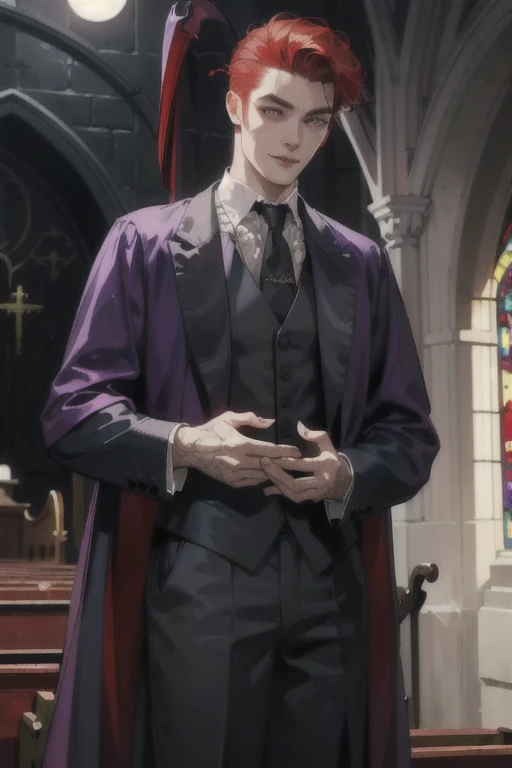This is what a real Vampire looks like! Antique vampire clothes, elegant, gentlemanly. He is smiling friendly, his red hair is vivid, his red eyes shine against his perfect skin. In the background a purple church window, with moonlight reflecting behind. All this is in a beautiful and dark light, which makes it look amazing。 (High quality: 1.2, Church at night: 1.5, Antique Vampire Clothing: 1.4) (((At night))) (Provocative light, mysterious darkness) (((Violet Moon))) Defined Face) Perfect Hands)