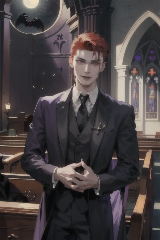 This is what a real Vampire looks like! Antique vampire clothes, elegant, gentlemanly. He is smiling friendly, his red hair is vivid, his red eyes shine against his perfect skin. In the background a purple church window, with moonlight reflecting behind. All this is in a beautiful and dark light, which makes it look amazing。 (High quality: 1.2, Church at night: 1.5, Antique Vampire Clothing: 1.4) (((At night))) (Provocative light, mysterious darkness) (((Violet Moon))) Defined Face) Perfect Hands)