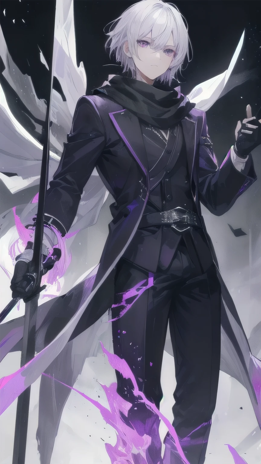 Man with silver hair, look handsome, white adventure cloth torn, black scarf, purple eyes, standing alone in a dark, purple aura, holding a 2 sword in hands, badass.