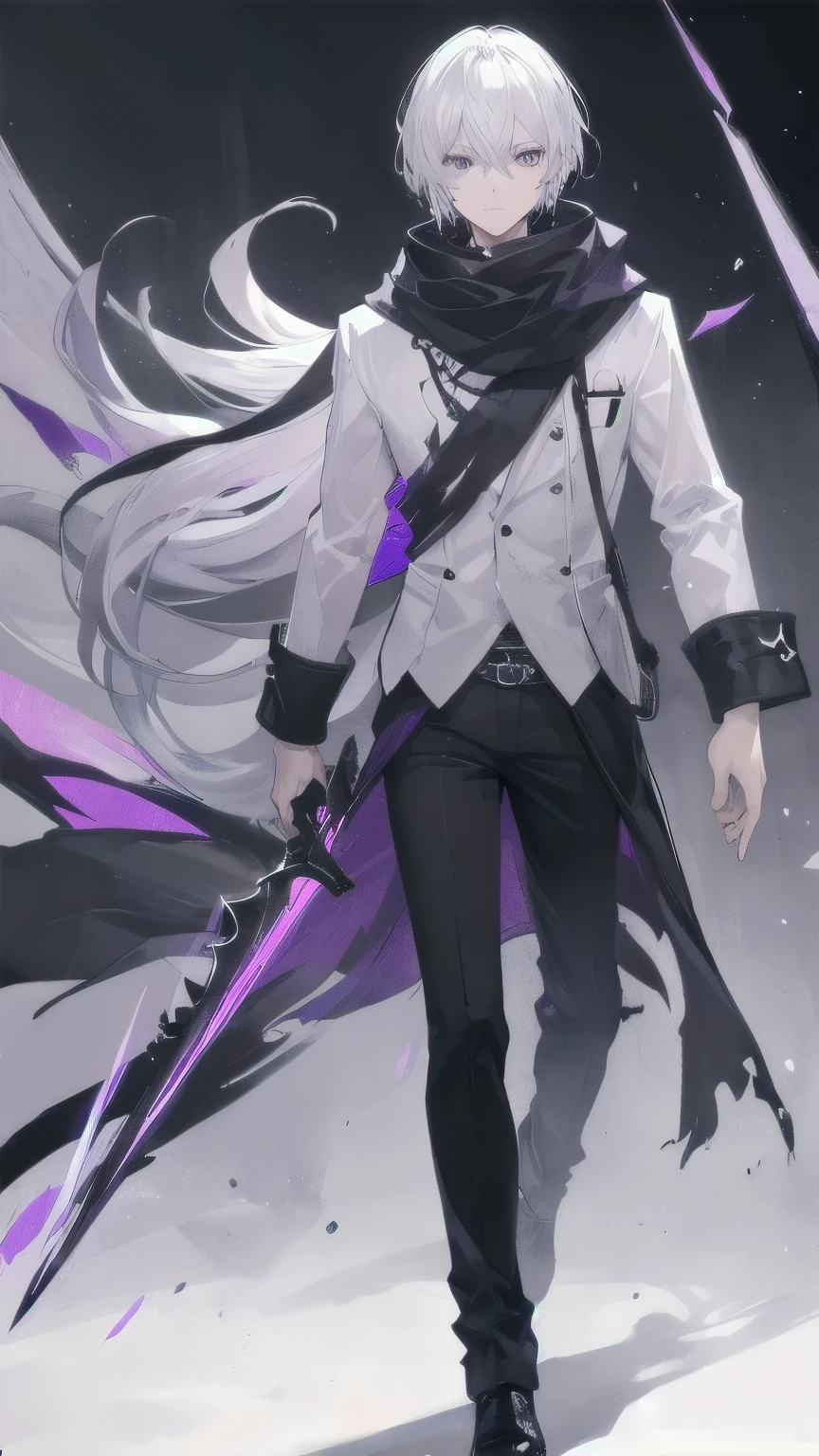 Man with silver hair, look handsome, white adventure cloth torn, black scarf, purple eyes, standing alone in a dark, purple aura, holding a 2 sword in hands, badass.