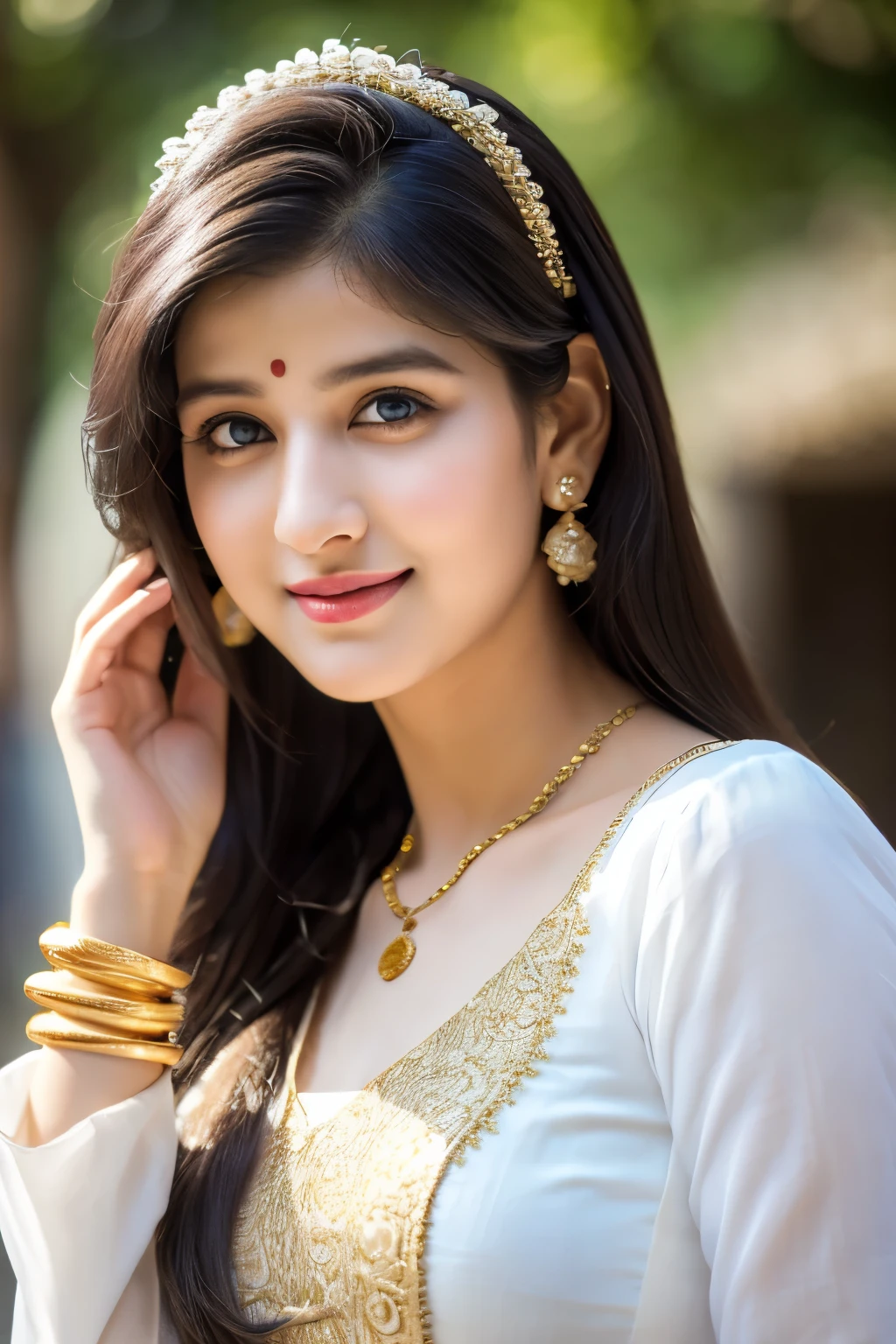 Wear bandhani anarkali dress standing, gorgeous royal, ((Rashi Khanna:1.2)), jewellery, gem, necklace, gold bracelet, anklets, thick lips, skindentation, parted lips, ulzzang-6500-v1.1, portrait of a beautiful Indian woman, From Golden Skin, 27 years old, Pretty woman, Indian model, (in long anarkali dress) (Slim abdomen), (Perfect slim figure), (Dynamic pose), Solo, ((open crotch)), (((bare ass))), (Slim:1.1), 1 woman, (Full figure:0.9), Beautifully detailed sky, sunny day, Mumbai city, On the street, detailed Mumbai street, Indian clothes,(( long sleeve dress)), ((long white anarkali dress)), medium hair, smile, closed mouth, lips, Long white anarkali dress covered with full body, detailed beautiful round eyes, Indian women, Asian women, Beautiful face, photorealistic, rim lighting, two-tone lighting, gold bracelet, thick lips, indentation, parted lips, (detailed eyes), light blonde hair, blue eye, details still clear, honey-coloured, fluffy turned, HDR, shallow depth of field, broad light, backlighting, bloom, light sparkles, chromatic aberration, sharp focus, Nikon Z 85mm, unparalleled masterpiece, ultra-realistic 8k photos, best quality masterpiece, best quality, (photorealistic:1.2), (realistic:1.5), (hyperrealistic:1.2),(photorealistic face:1.2), (close up:1.6), (light blonde hair), (blue eyes), ((big cheeks)), (beautiful face:1.8), (detailed face:1.6), (medium breast:1.2), (detailed bright eyes:1.5), (eyelashes:1.4), (smiling:1.3), (detailed long black hair), (long white anarkali dress:1.5), (narrow waist:1.5), (thigh: 1.5), (realistic human skin:1.6), (full curvy body) (detailed eyes), (seductive pose), (detailed facial features), (detailed clothes features), (necklace), (earrings), (bracelet), ( Long white bandhani anarkali dress), (Photorealistic:1.4), (High Quality: 1.2), Raw photo, (Perfect body shape), Uniform, Deep shadows, Unobtrusive, Cold light 12000K,