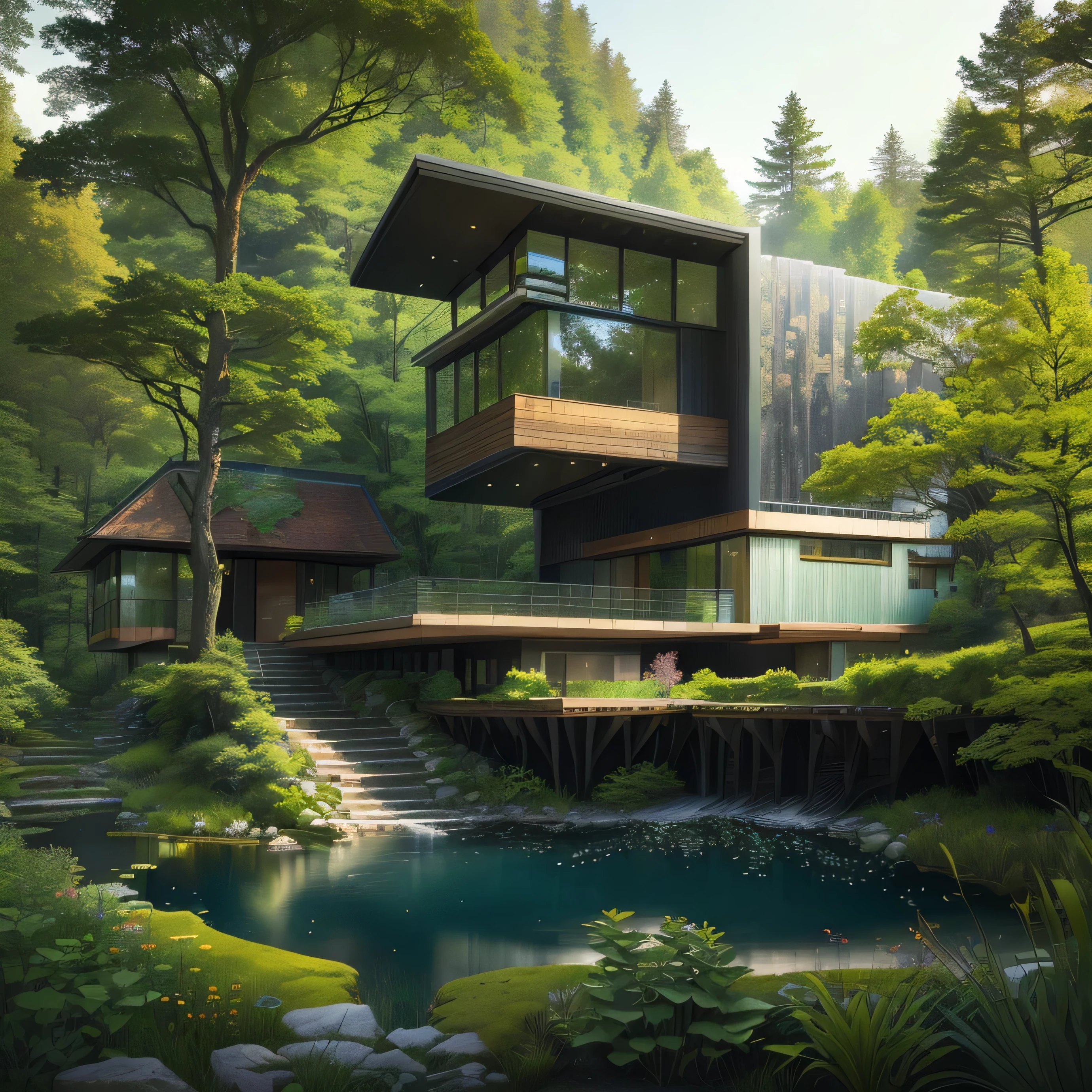 There is a small pond in front of the house,There is a waterfall, Mixed with Rivendell Buildings, Modern house in the woods, An encounter between nature and architecture, creek flowing through the house, build in a forest near of a lake, Nestled in the forest, Beautiful house on a forest path, award winning modern design, Lush surroundings, Built on trees and stones, Lush scenery