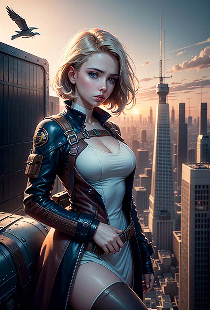 Realistic visuals, captivating beauty, dramatic contrasts, soft lighting, delicate warmth, soft light, ultra high definition, colorful, best quality, perfect female figure, Scarlett Johansson's face, high dynamic range, long eyelashes, unparalleled masterpieces, pale skin, makeup,
Nova 1 Girl, Solo, Short Hair, Lying on Airship, Tower, Landscape, Airplane, Steampunk, Bird, Cloud, Sky, Gear, No Man, Building, Outdoor, City, Science Fiction, Sunset, Crane (Machine)