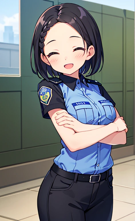 (masterpiece:1.4、top-quality、illustration:1.4,realistic、)、(character focus、breast focus,cowboy shot:1.3)、(1girl),(Open mouth happy smile:1.3),(half closed eyes),cute face,blue eyes、()、
,(stand:1.4),(Shining smile),
,(slender),(policewoman:1.3),(black short hair hair:1.6,forehead:1.3),(braid:1.3), (small breasts:1.3)、
、slender、