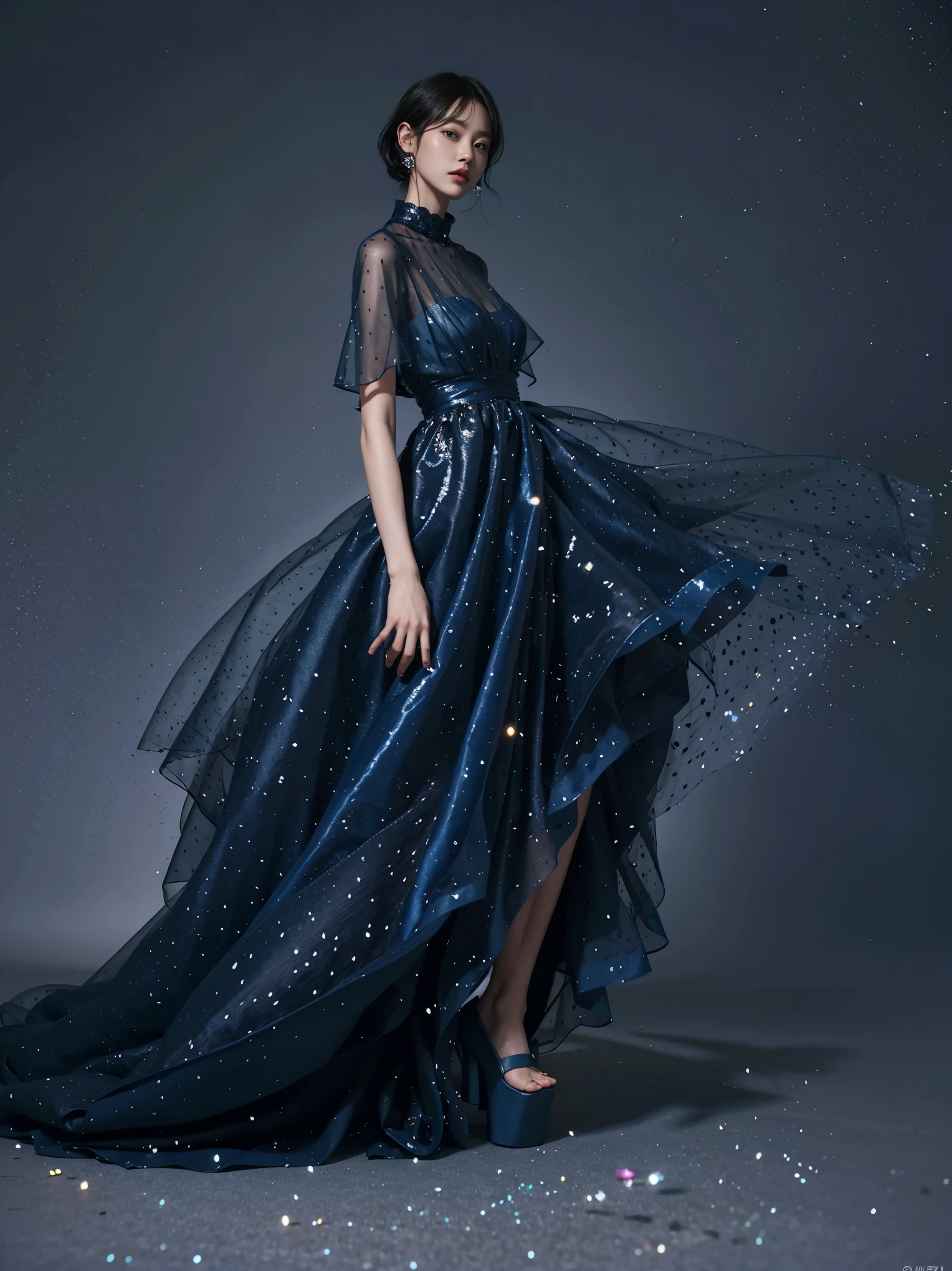 Dior Editorial-style, A woman wearing Dark blue 옷 is standing, wearing Dark blue 옷, 오간자 가운과 Dark blue 볼룸 가운 착용, Dark blue 옷,Dark blue 양복을 입고, Stylish Editorial Photography, official valentino editorial, translucent dress, Subtle and dreamy, 파스텔톤의Dark blue , celestial fairy tale, very subtle, dreamy and heavenly, Dark blue , Lots of merlot, official dior editorial, enlargement, laugh, rich clothes, Short hair, 8K, 나를보며 laugh, close up, official artwork, sparkly dress, various postures