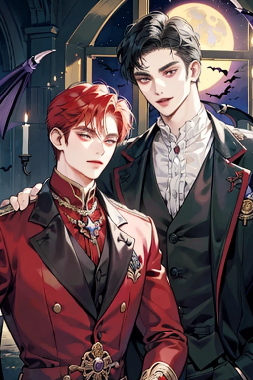 This is what a real Vampire looks like! Antique vampire clothes, elegant, gentlemanly. He is smiling friendly, his red hair is vivid, his red eyes shine against his perfect skin. In the background a purple church window, with moonlight reflecting behind. All this is in a beautiful and dark light, which makes it look amazing。 (High quality: 1.2, Church at night: 1.5, Antique Vampire Clothing: 1.4) (((At night))) (Provocative light, mysterious darkness) (((Violet Moon))) Defined Face) Perfect Hands)