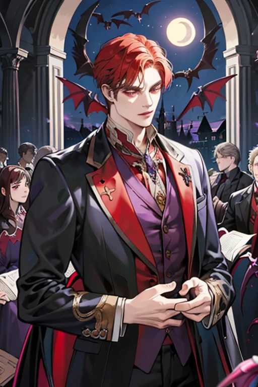 This is what a real Vampire looks like! Antique vampire clothes, elegant, gentlemanly. He is smiling friendly, his red hair is vivid, his red eyes shine against his perfect skin. In the background a purple church window, with moonlight reflecting behind. All this is in a beautiful and dark light, which makes it look amazing。 (High quality: 1.2, Church at night: 1.5, Antique Vampire Clothing: 1.4) (((At night))) (Provocative light, mysterious darkness) (((Violet Moon))) Defined Face) Perfect Hands)