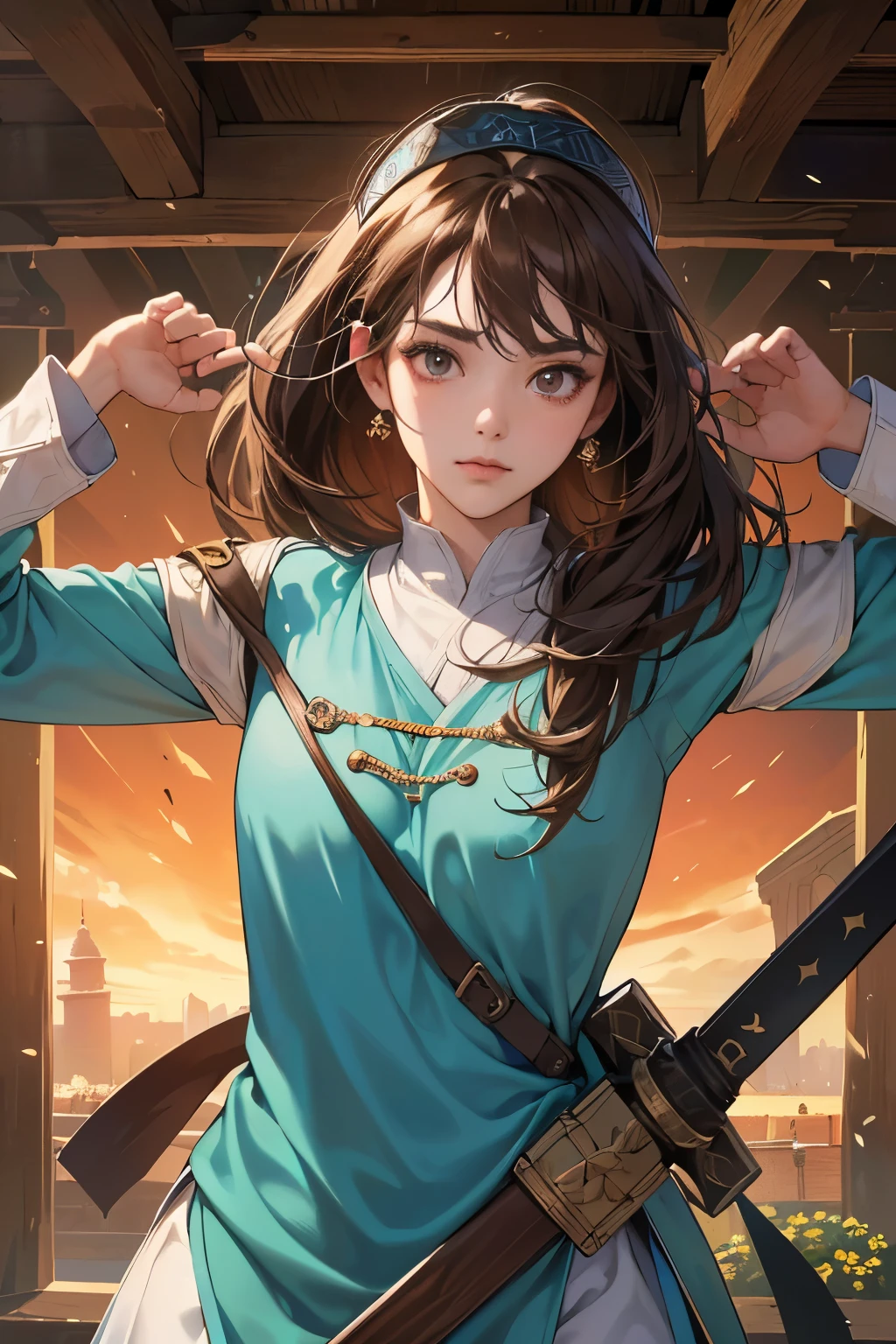 (absurdres, highres, ultra detailed),masterpiece,best quality,high resolution,8k,Realistic face,Realistic skin texture,magnified textures, stunning clarity,ultra detailed anime girl,(medieval central asia:1.3),action pose,dark brown hair,gape,have sword,look at viewer,cowboy shot,silkroad,oasis,(central asia market:1.2),serene pose