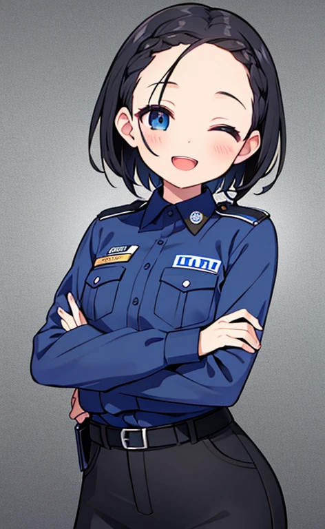 (masterpiece:1.4、top-quality、illustration:1.4,realistic、)、(character focus、breast focus,cowboy shot:1.3)、(1girl),(Open mouth happy smile:1.3),(half closed eyes),cute face,blue eyes、()、
,(stand:1.4),(Shining smile),
,(slender),(policewoman:1.3),(black short hair hair:1.6,forehead:1.3),(braid:1.3), (small breasts:1.3)、
、slender、