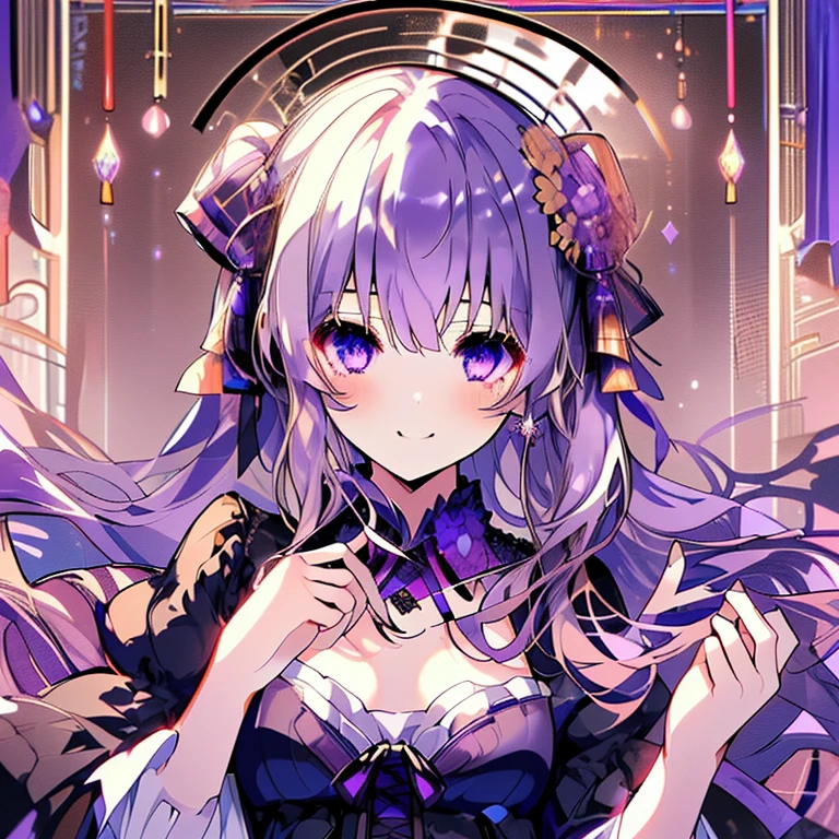 (High resolution,highest quality,Super detailed,wonderful,Attention to detail)Light purple hair,Curly Hair,Long Hair,ribbon,Twin tails,黒いribbonを付ける,Purple Eyes,Sharp Eyes,gothic  dress,Frills,gorgeous,gem,cute,Holding a stuffed toy,Stuffed rabbit,Lots of flowers,Earrings,smile(*ˊᵕˋ*)