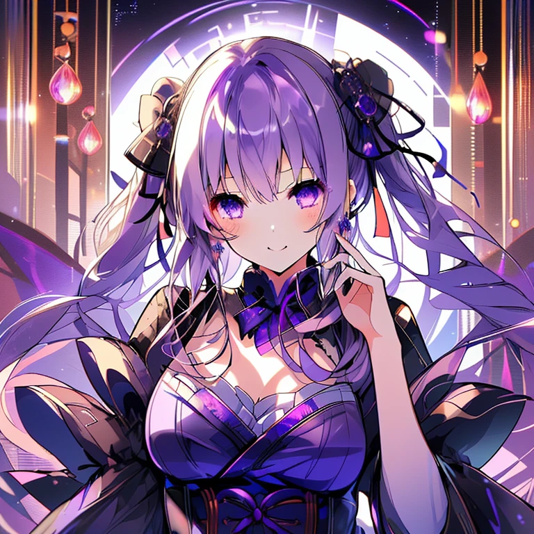 (High resolution,highest quality,Super detailed,wonderful,Attention to detail)Light purple hair,Curly Hair,Long Hair,ribbon,Twin tails,黒いribbonを付ける,Purple Eyes,Sharp Eyes,gothic dress,Frills,gorgeous,gem,cute,Holding a stuffed toy,Stuffed rabbit,Lots of flowers,Earrings,smile(*ˊᵕˋ*)