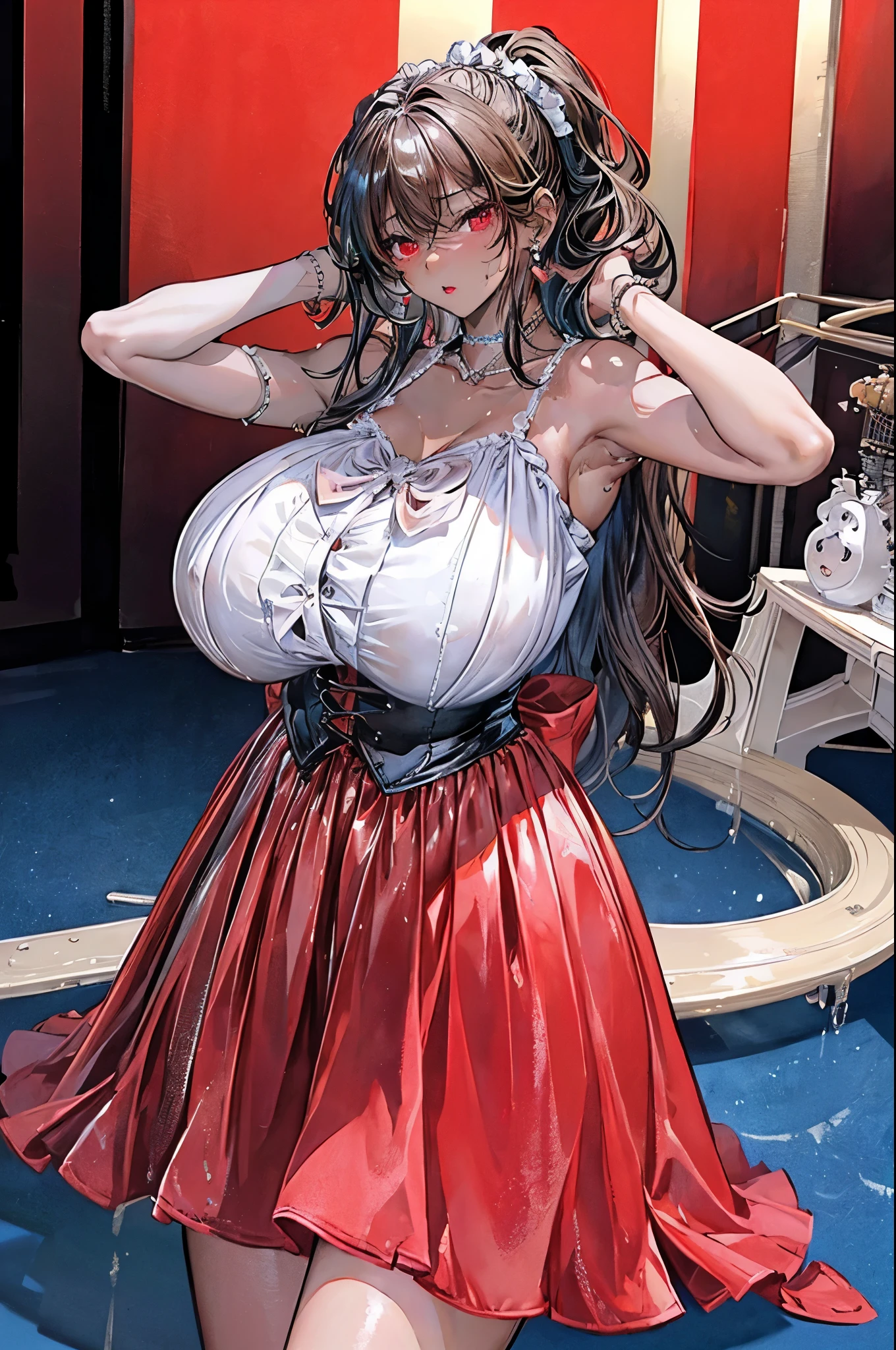 (masterpiece:1.2、highest quality、Tmasterpiece)、1 female、alone、classroom、Day、stand、blonde、ponytail、Red eyes、(rc:1.4)、(Dark Skin:1.4)、Big Breasts、Place your hands behind your head、corset、Hoop Earrings、lipstick、Very sweaty、Ring Choker、Scrunchie、blush、Covered breasts、Bangs braids、(Thick lips:1.2)