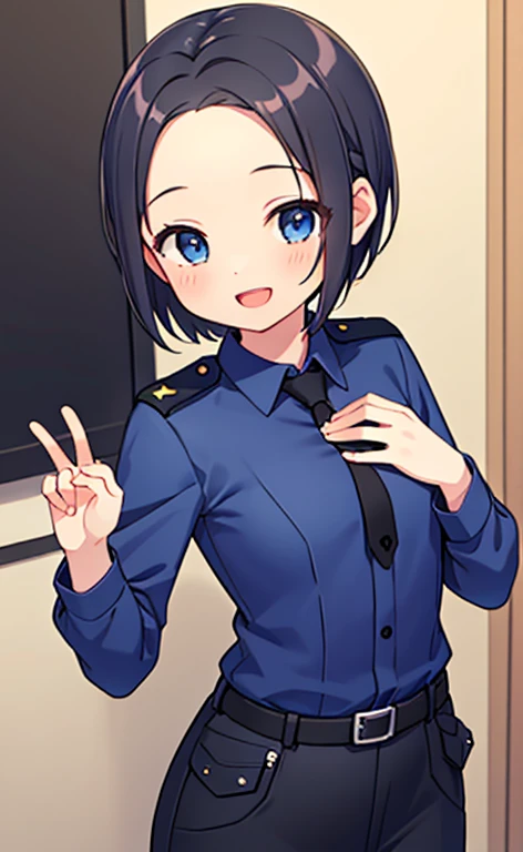 (masterpiece:1.4、top-quality、illustration:1.4,realistic、)、(character focus、breast focus,cowboy shot:1.3)、(1girl),(Open mouth happy smile:1.3),(half closed eyes),cute face,blue eyes、()、
,(stand:1.4),(Shining smile),
,(slender),(policewoman:1.3),(black short hair hair:1.6,forehead:1.3),(braid:1.3), (small breasts:1.3)、
、slender、