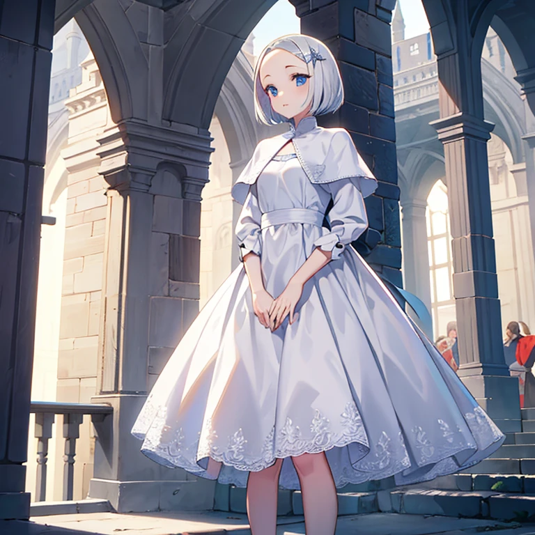 sister, beautiful, Short Bob, expose forehead, White Dress,Castles in Medieval Europe