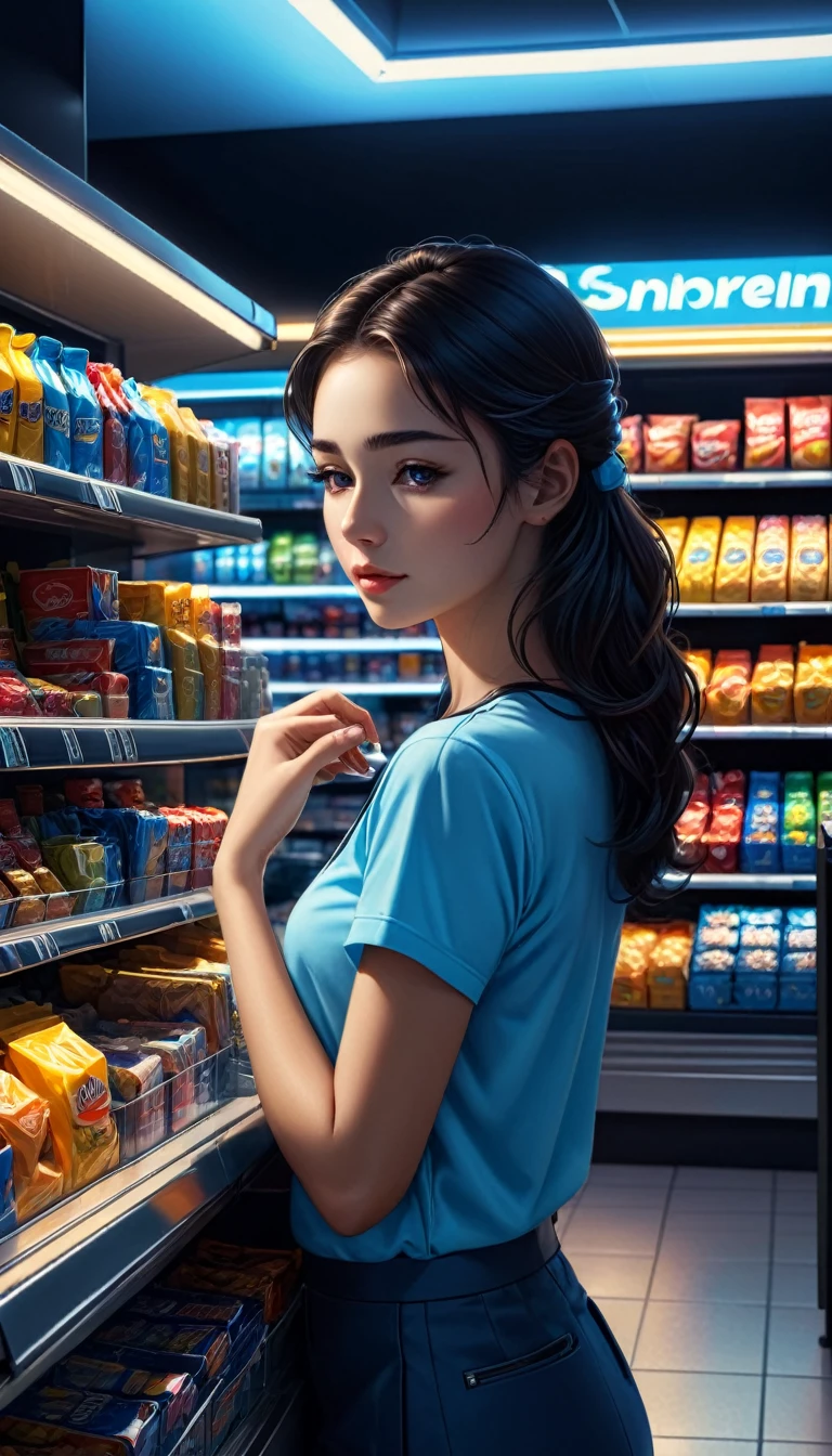 best quality,4k,highres,masterpiece:1.2,ultra-detailed,realistic
midnight convenience store,sleeping on the cash register tired young woman cashier,head resting on her hand,tired face,snoozing,peaceful scene,dimmed lights,cold blue ambiance,quiet ambiance,empty store,late night shadows,neon signs flickering,rows of shelves,snacks and drinks,price tags,reflective floor,polished counter,stack of registers,cash register machine
art style:hyperrealism,detail-oriented,light and shadow realism,photorealistic
lighting:soft rays from the ceiling lights,illuminating the area around the cashier,subtle shadows cast by the shelves,glowing neon signs,cold blue tint,creating a serene atmosphere