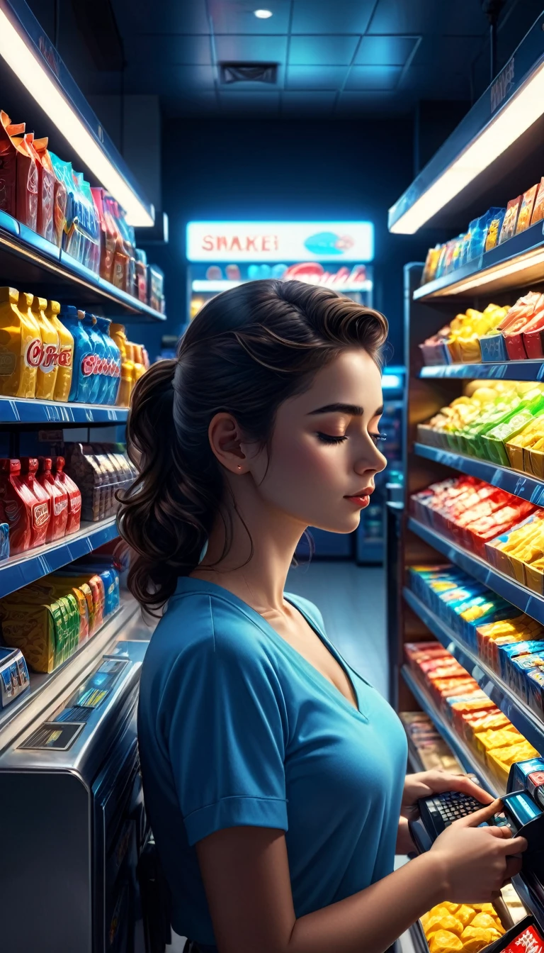 best quality,4k,highres,masterpiece:1.2,ultra-detailed,realistic

midnight convenience store,sleeping on the cash register tired young woman cashier,head resting on her hand,tired face,snoozing,peaceful scene,dimmed lights,cold blue ambiance,quiet ambiance,empty store,late night shadows,neon signs flickering,rows of shelves,snacks and drinks,price tags,reflective floor,polished counter,stack of registers,cash register machine

art style:hyperrealism,detail-oriented,light and shadow realism,photorealistic

lighting:soft rays from the ceiling lights,illuminating the area around the cashier,subtle shadows cast by the shelves,glowing neon signs,cold blue tint,creating a serene atmosphere