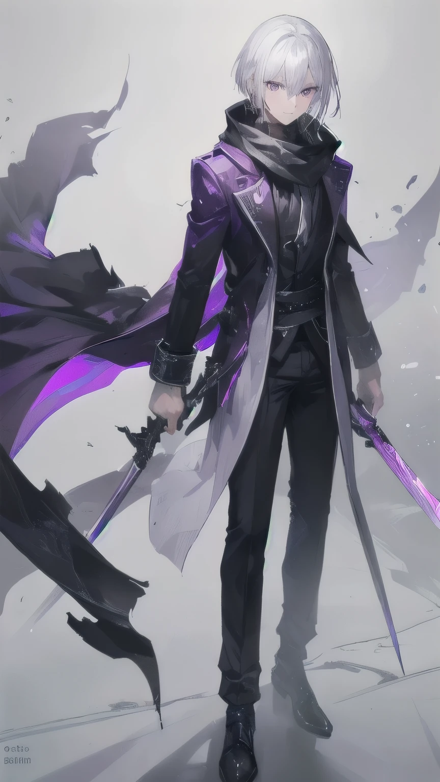 Man with silver hair, look handsome, white adventure cloth torn, black scarf, purple eyes, standing alone in a dark, purple aura, holding a 2 sword in hands, badass.
