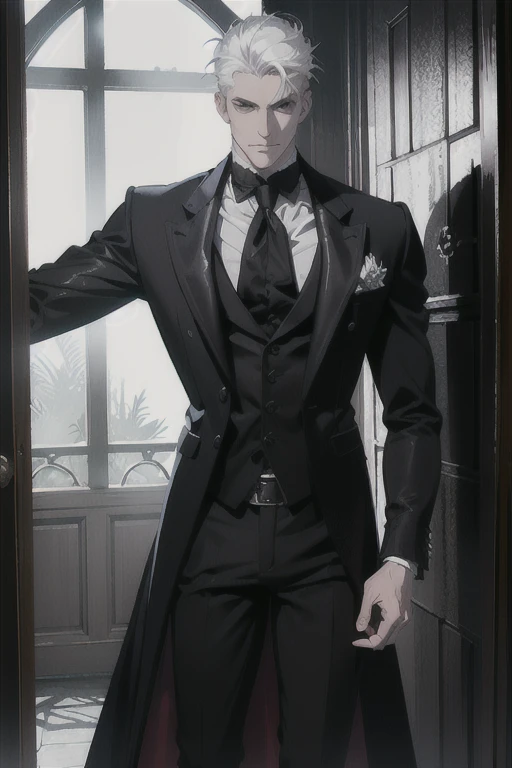 (masterpiece, best quality:1.2), (absurd res, high res, ultra detailed), 1 male, adult, handsome, tall muscular guy, broad shoulders, white hair, finely detailed eyes, portrait, looking at viewer, solo, half shot, detailed background, detailed face, (gothic), smirk, vampire, dark leather, high fantasy,, stealth, undercover, (crates in background), shadows, fog, (dutch angle), closed mouth, black pants