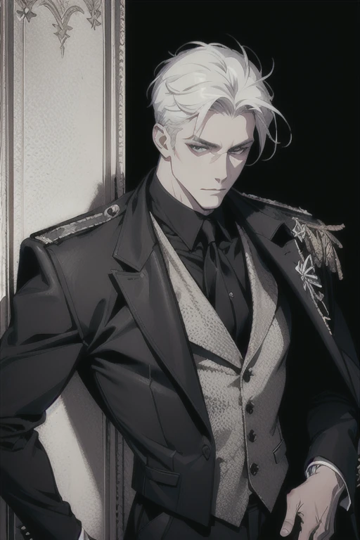 (masterpiece, best quality:1.2), (absurd res, high res, ultra detailed), 1 male, adult, handsome, tall muscular guy, broad shoulders, white hair, finely detailed eyes, portrait, looking at viewer, solo, half shot, detailed background, detailed face, (gothic), smirk, vampire, dark leather, high fantasy,, stealth, undercover, (crates in background), shadows, fog, (dutch angle), closed mouth, black pants