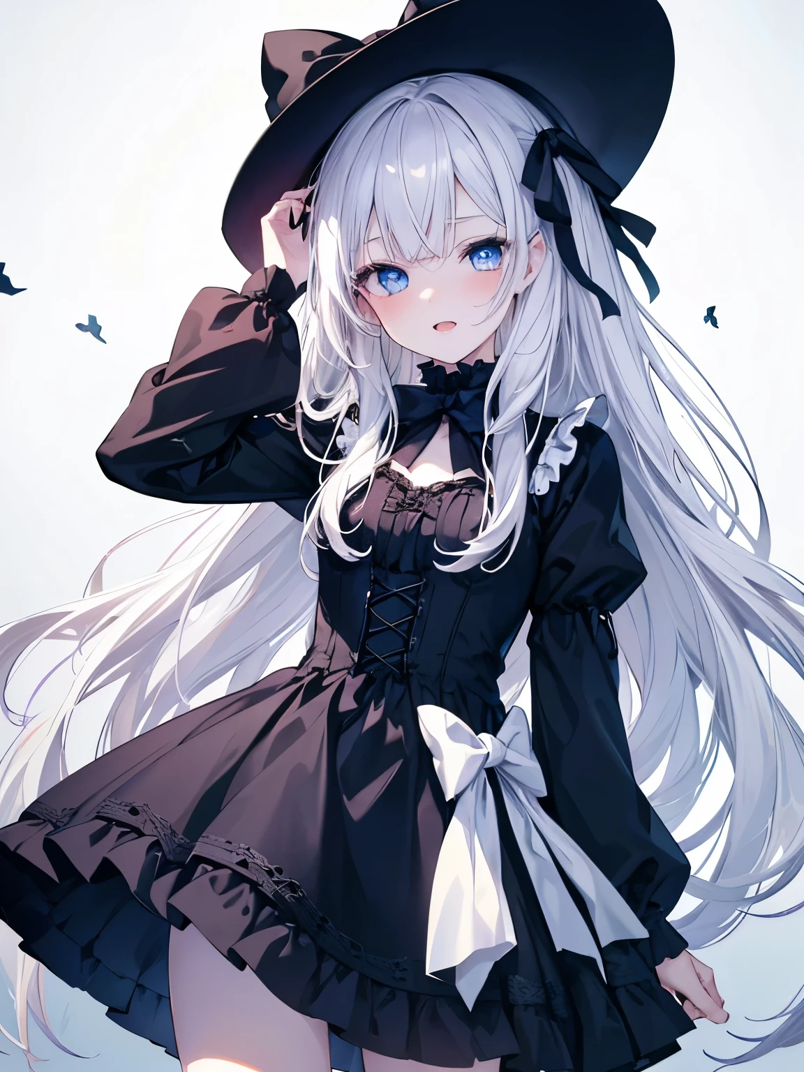 Masutepiece, Highest Quality, (Perfect face:1.1), (high detailing:1.1), (ultradetailed eyes),Dramatic,superfine illustration,Extremely detailed,1girl in,teenager,(pale skin),long white hair,Ethereal eyes,Simple eyes,empty eyes,Blue eyes,blush,Solo,Smile,Happy,Laugh,Enjoy, Open mouth,Pouty lips,Cinematic lighting, Looking at Viewer, Cowboy Shot, looking up,Long sleeve,Gothic lolita, frilld,bow ribbon,knee high socks
