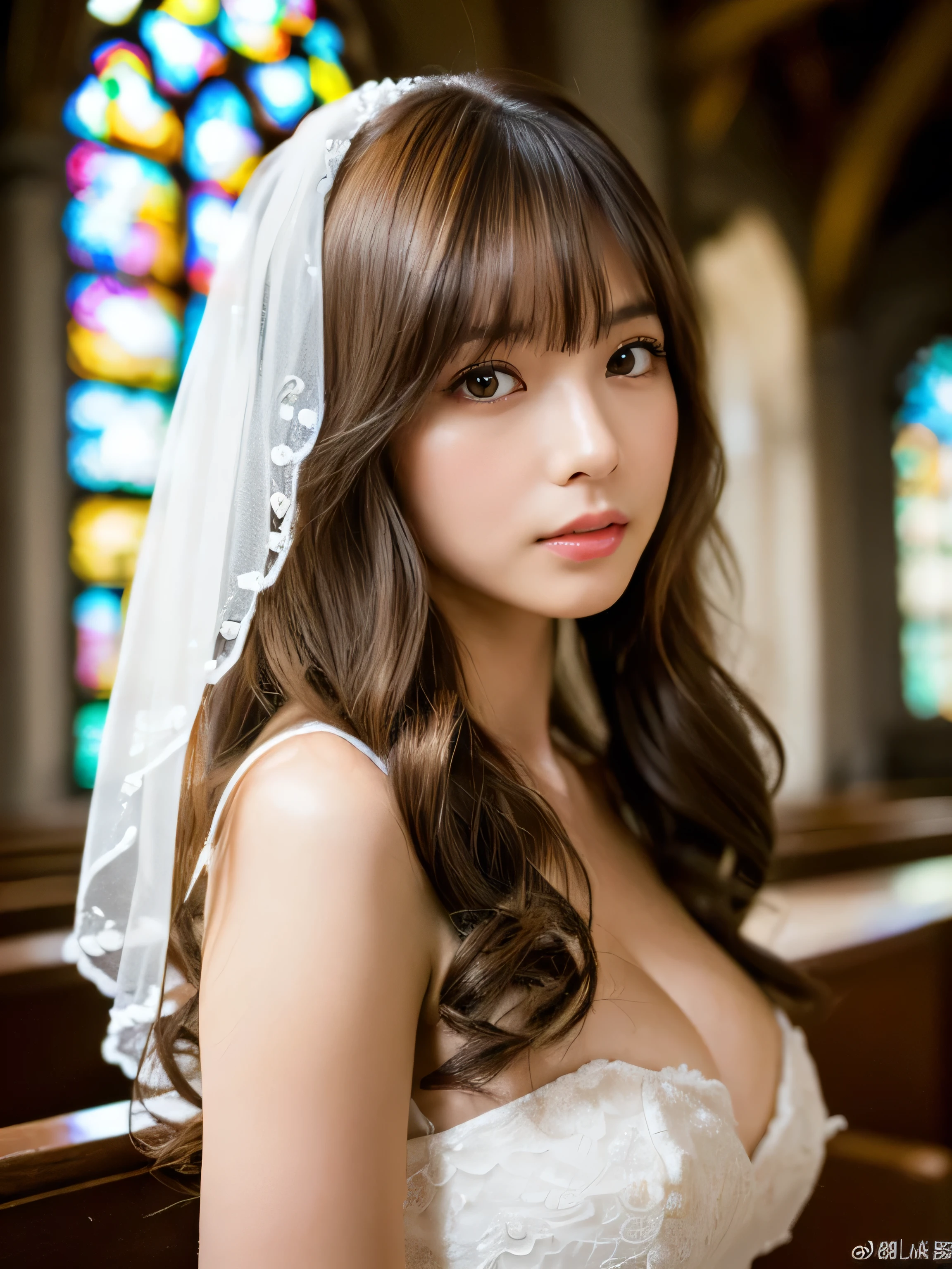 (She is wearing a pure white shiny voluminous wedding dress.)　(Photo of upper body from waist up)　(JapaneseSoloPhotoshoot&#39;The most beautiful 24 year old woman))　((Her hair is incredibly curly、very long　Very high quality, Shiny, Very long hair、beautiful, high quality, Very long hair, like silk　 Attention to detail、Pure brown high quality extremely long hair　And that is&#39;rich　High quality and highly detailed))　((最high quality)), ((masterpiece)), (familiar)　(Get used to it)　Perfect Face　(Her skin is a typical Japanese skin color..　Highly detailed skin texture)　(Big Breasts:1.3)　　(She has a beautiful face and a typical Japanese figure.., Narrow eyes.)　(Well organized full bangs and blunt bangs:1.4)　(Her hairstyle is twin drills:1.4)　(She has perfect beautiful makeup and face　Lipstick is light red　A solid eyeliner)　((rich 1.4))　(Extremely detailed 8K)　(Stable Diffusion Model)　(Ultra-fine skin texture 1.4)　(Actual, Vibrant:1.4), double eyelid　Sharp focus:1.2、beautiful woman:1.4　Dynamic Lighting　(Genuine RAW photos taken by professional photographers)　(Turn your whole body to the viewer)　Professionally lit from the front　(her hair is light brown)　(her hair is light brown)　(her hair is light brown)　(She has a sensual look)　(In a church with professional lighting、You can see the stained glass.)　(She does random sexy poses)　(A wedding veil that reveals your face)