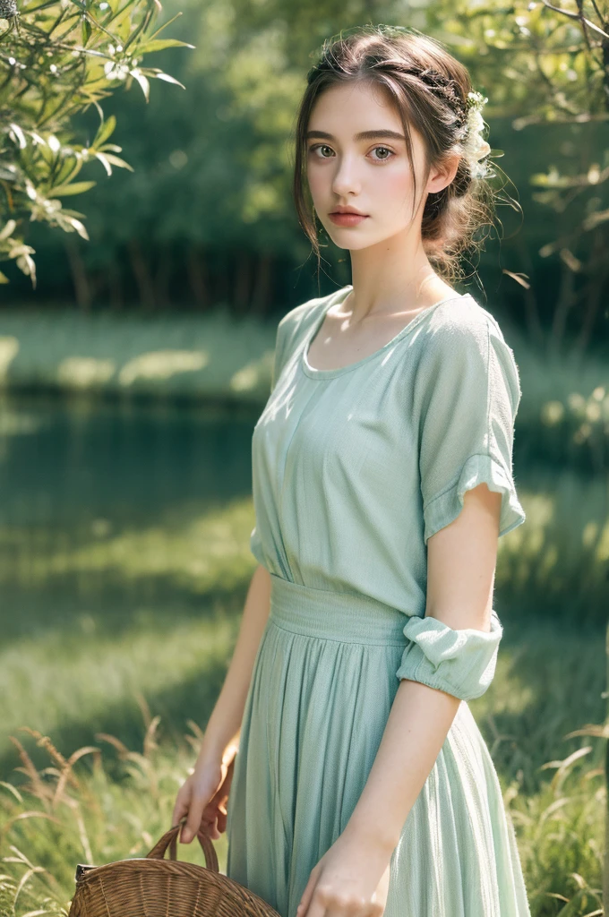 ( masterpiece, top quality, best quality,8k,17 years old girl,ultra detailed,raw photo:1.5),(photorealistic:1.4), (cinematic lighting), PerfectNwsjMajic, , Surrealism, UHD, ccurate, Super detail, textured skin, High detail, Best quality, dynamic angle, White skin,[Beautiful blue eyes], high nose,[flat chest:large breasts:0.5],(1girl),((good anatomy:0.5)), Dreamy atmosphere,expressive brush strokes, mystical ambiance, Artistic interpretation, Stunning Studio Ghibli style costumes, a whimsical illustration, Subtle colors and tones, mystical aura,